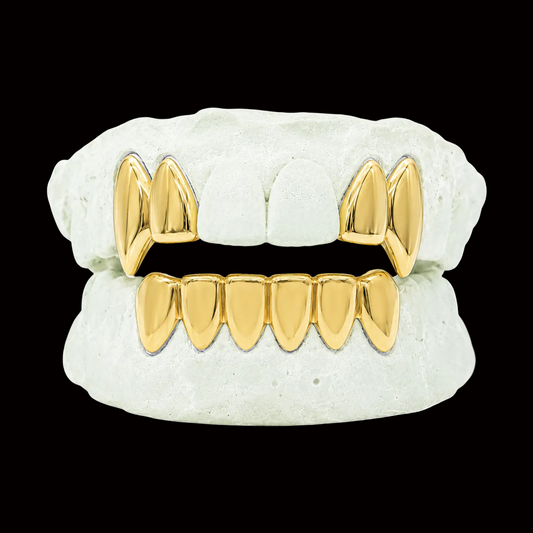 Custom 4 Teeth Fangs Top On 6 Teeth Bottom Gold Grillz