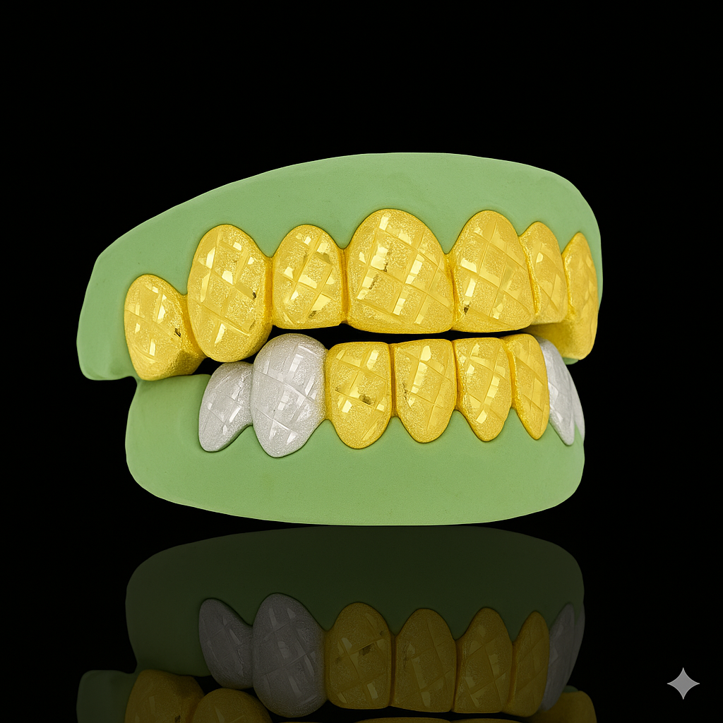 Custom 6 Or 8 Teeth Diamond Cut & Diamond Dust Gold Grillz With Any Color Fangs