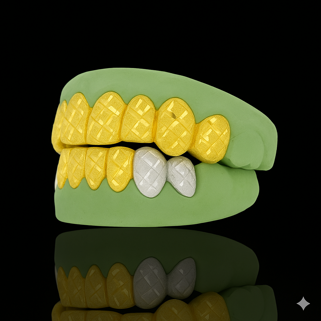 Custom 6 Or 8 Teeth Diamond Cut & Diamond Dust Gold Grillz With Any Color Fangs
