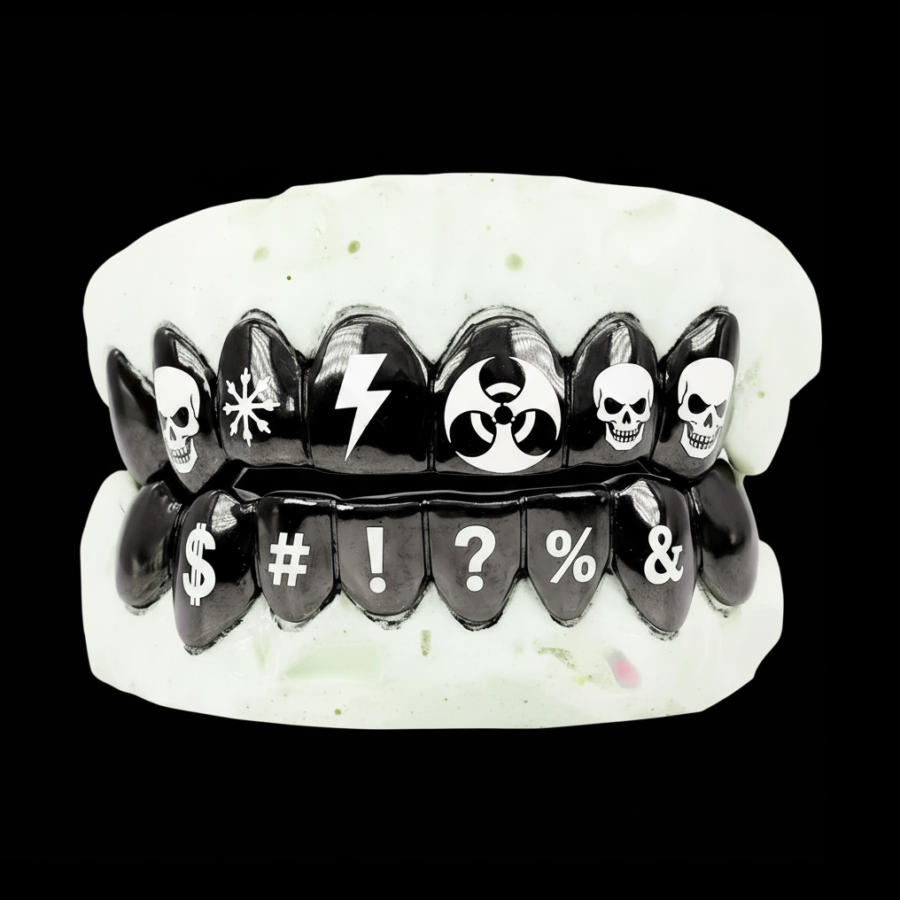 Custom 6 Teeth Joker Grill With Black Rhodium With Engravings Gold Grillz
