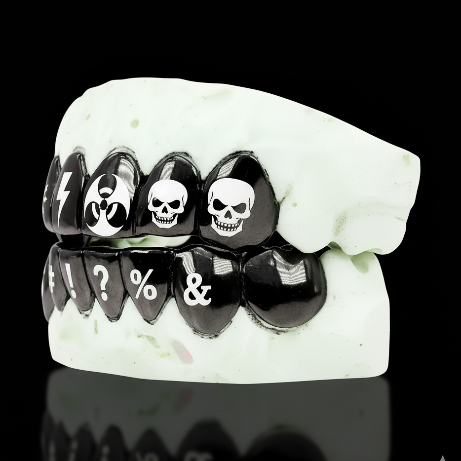 Custom 6 Teeth Joker Grill With Black Rhodium With Engravings Gold Grillz