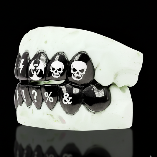 Custom 6 Teeth Joker Grill With Black Rhodium With Engravings Gold Grillz