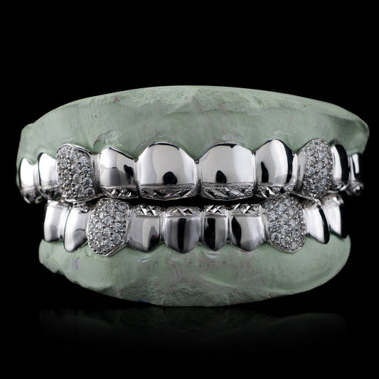 Diamond Cut & Diamond Dust Tips with Iced Fangs Grillz