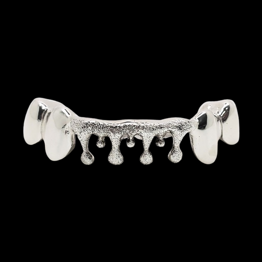 Custom Grillz, Solid Sterling Silver Drip Dripping With Diamond Dust Cut Grillz