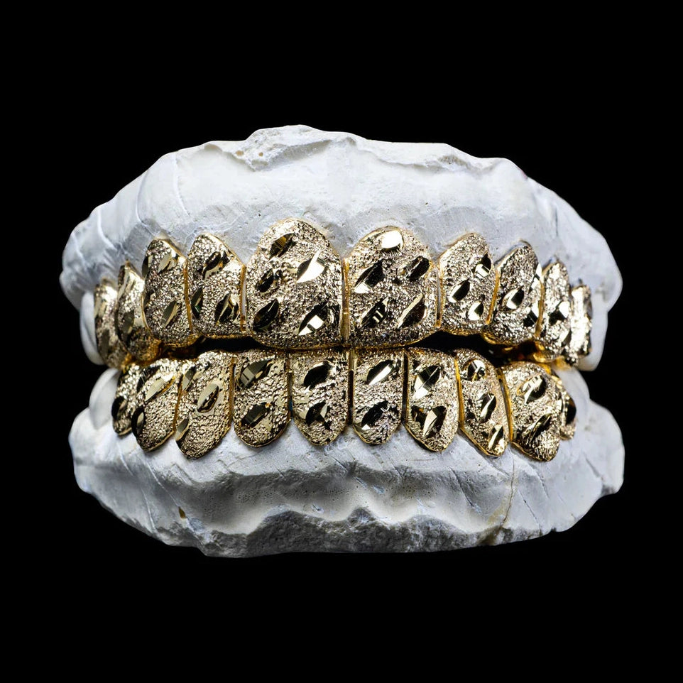 Custom Nugget Cut Diamond Dust Gold Grillz