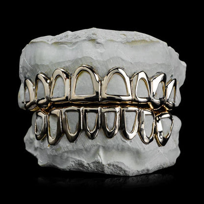 Two-tone gold and silver open-face grillz set with precision fit