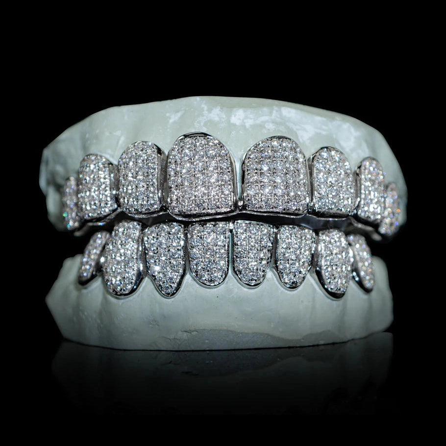 8-top-8-bottom white gold Moissanite diamond grillz with full pavé coverage on dental mold