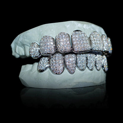 6-top-6-bottom silver-colored custom permanent Moissanite diamond grillz with tapered front teeth