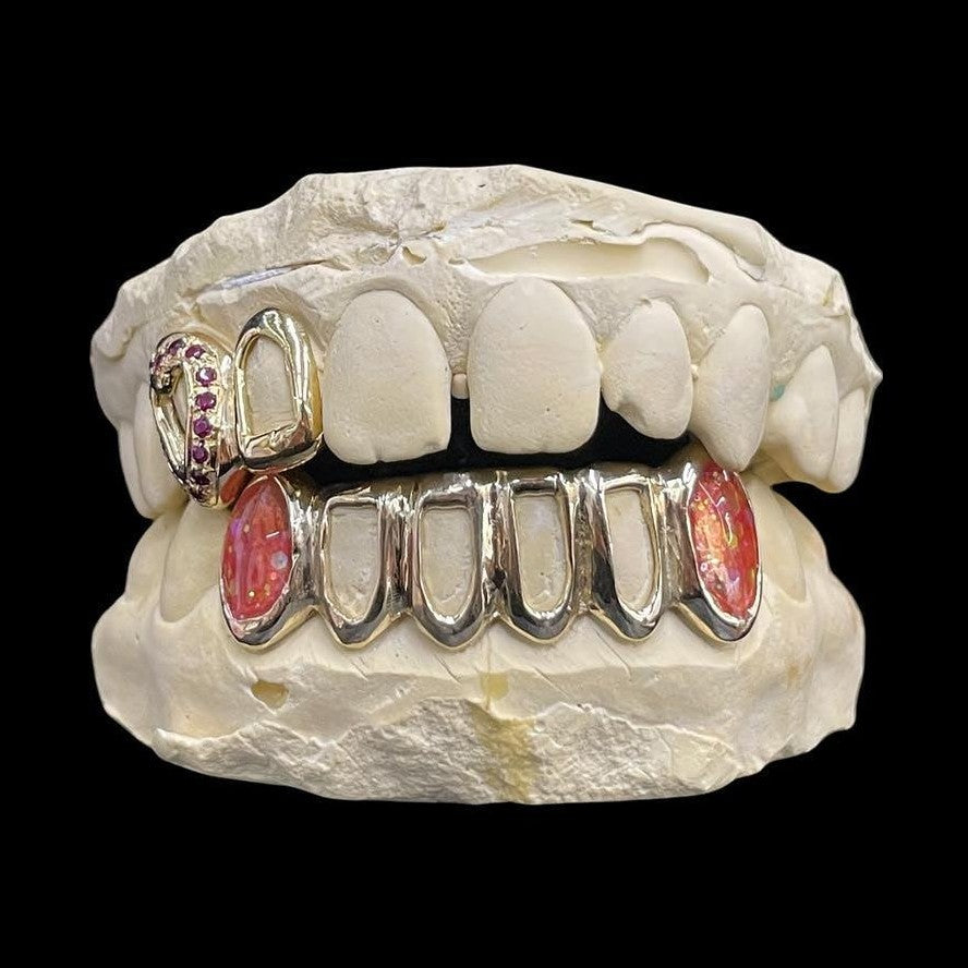 Custom Solid Gold Red Opal Extended Fangs Gold Grillz