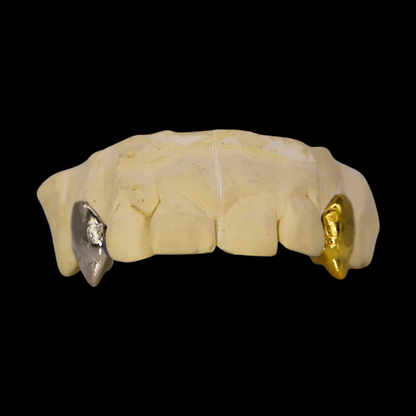 Custom Two-Tone 2 Teeth With Nugget Design Gold Grillz