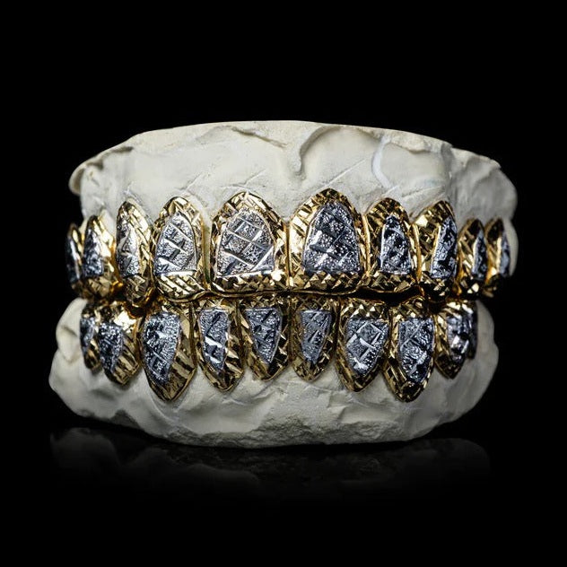 Custom Two-Tone Diamond Cut & Diamond Dust Solid Gold Grillz