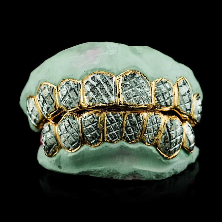 Custom Two-Tone Diamond Cut & Diamond Dust Solid Gold Grillz