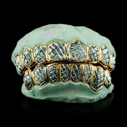 Custom Two-Tone Diamond Cut & Diamond Dust Solid Gold Grillz