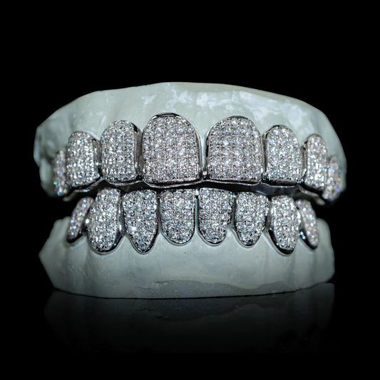 Sterling Silver 10 on 10 Moissanite Grillz Full Set High Luster Teeth