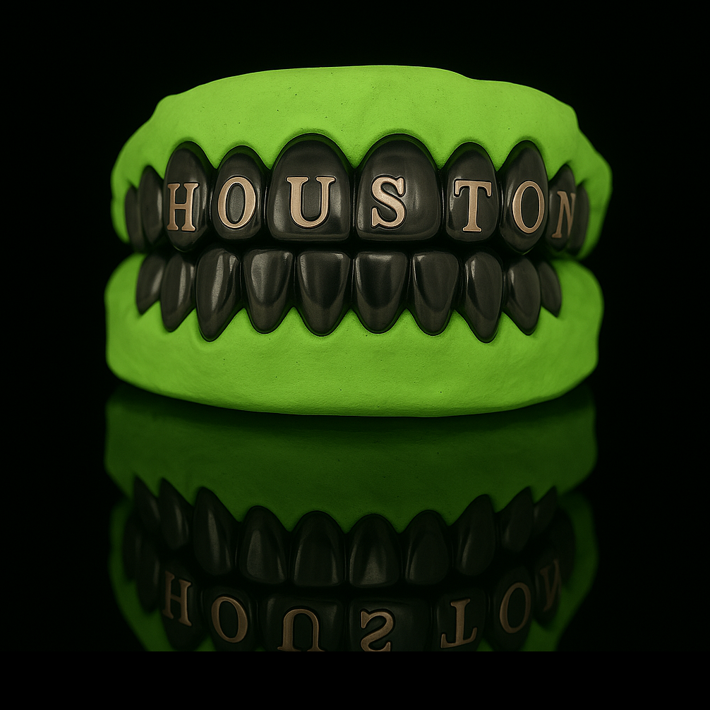 Custom Word/Name Laser Engraving Gold Grillz With Black Rhodium