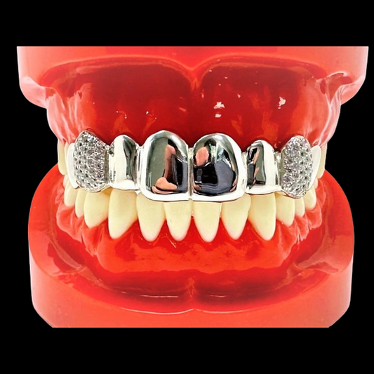 Custom-fit silver fang grillz with honeycomb moissanite stones on upper teeth