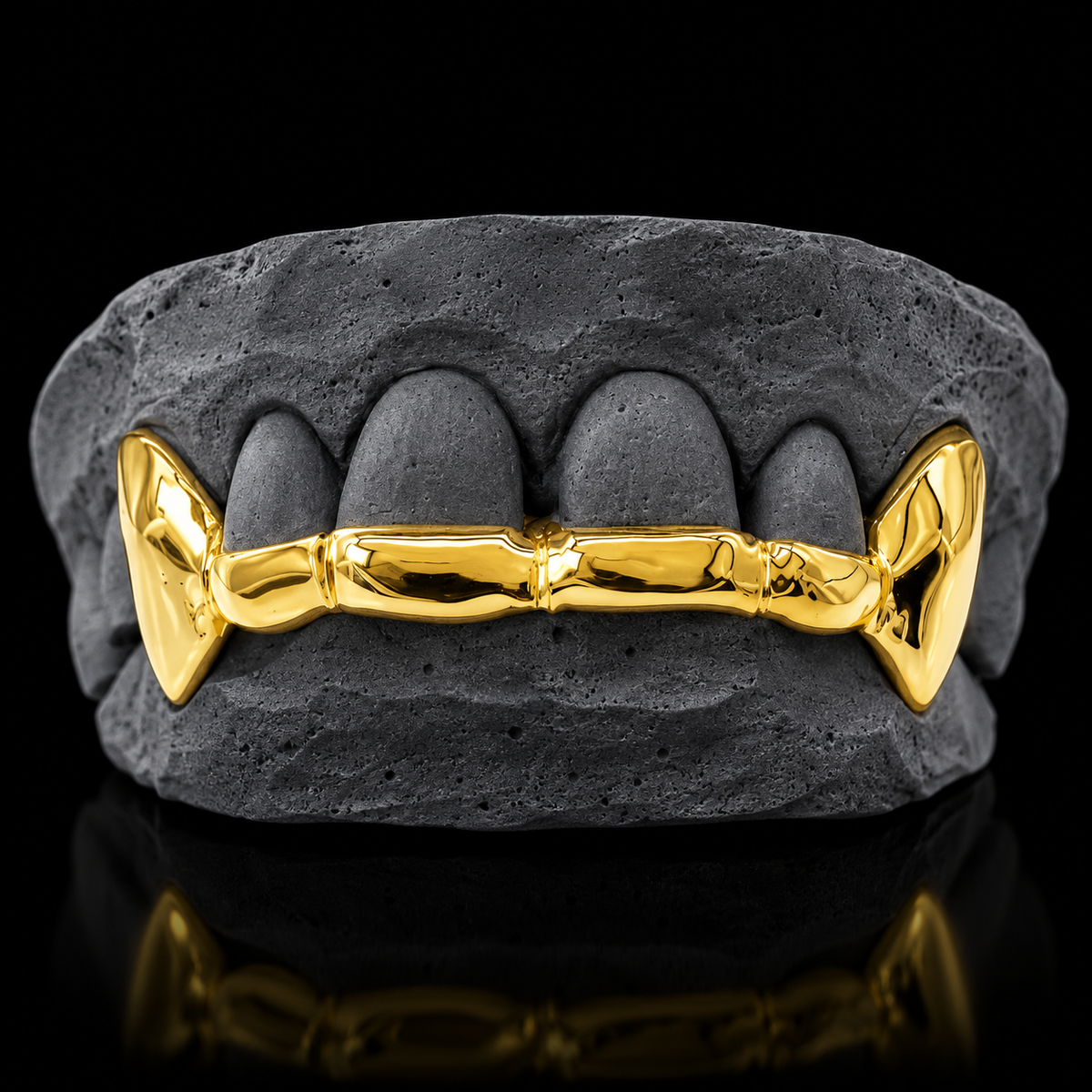 Custom 2 Teeth With Front Bar With Extended Fangs Gold Grillz