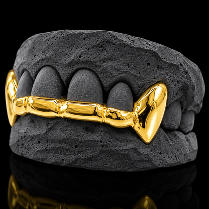 Custom 2 Teeth With Front Bar With Extended Fangs Gold Grillz