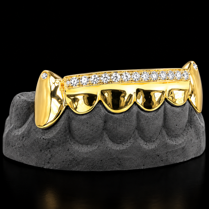 Gold 6-tooth diamond bar grillz with extended fangs and single diamond tips