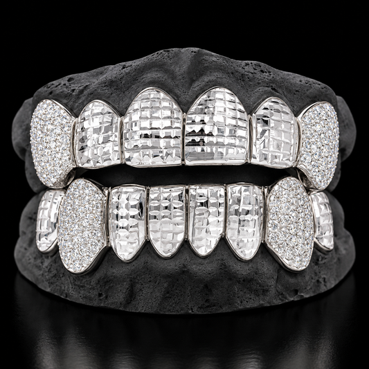 Silver custom 8x8 princess cut grillz with micro-pave bussdown fangs and diamond-cut teeth