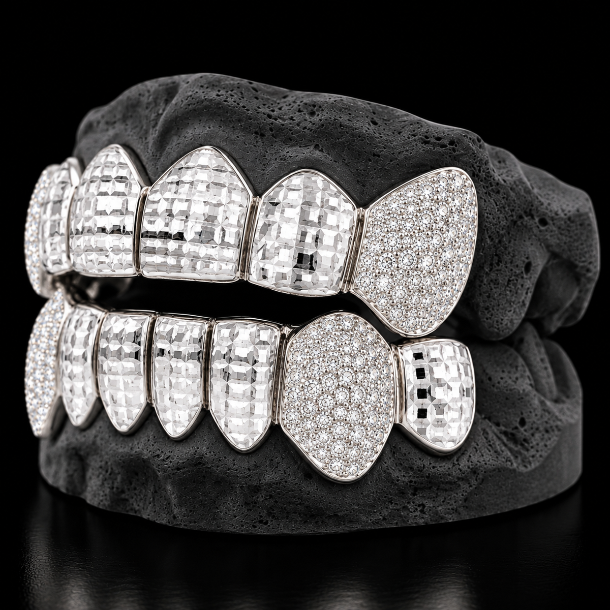 Custom 8x8 Princess Cut Gold Grillz with Bussdown on Fangs