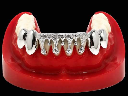 Custom Solid Sterling Silver Drip Dripping With Diamond Dust Cut Grillz
