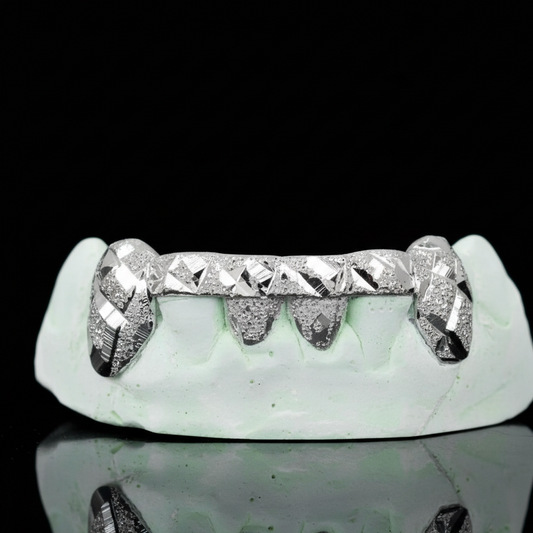 Custom 2 Teeth Diamond Cut And Diamond Dust With Front And Back Bar Gold Grillz