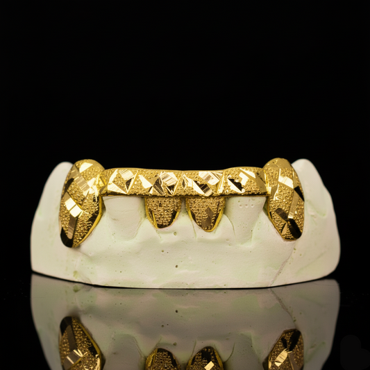 Custom 2 Teeth Diamond Cut And Diamond Dust With Front And Back Bar Gold Grillz