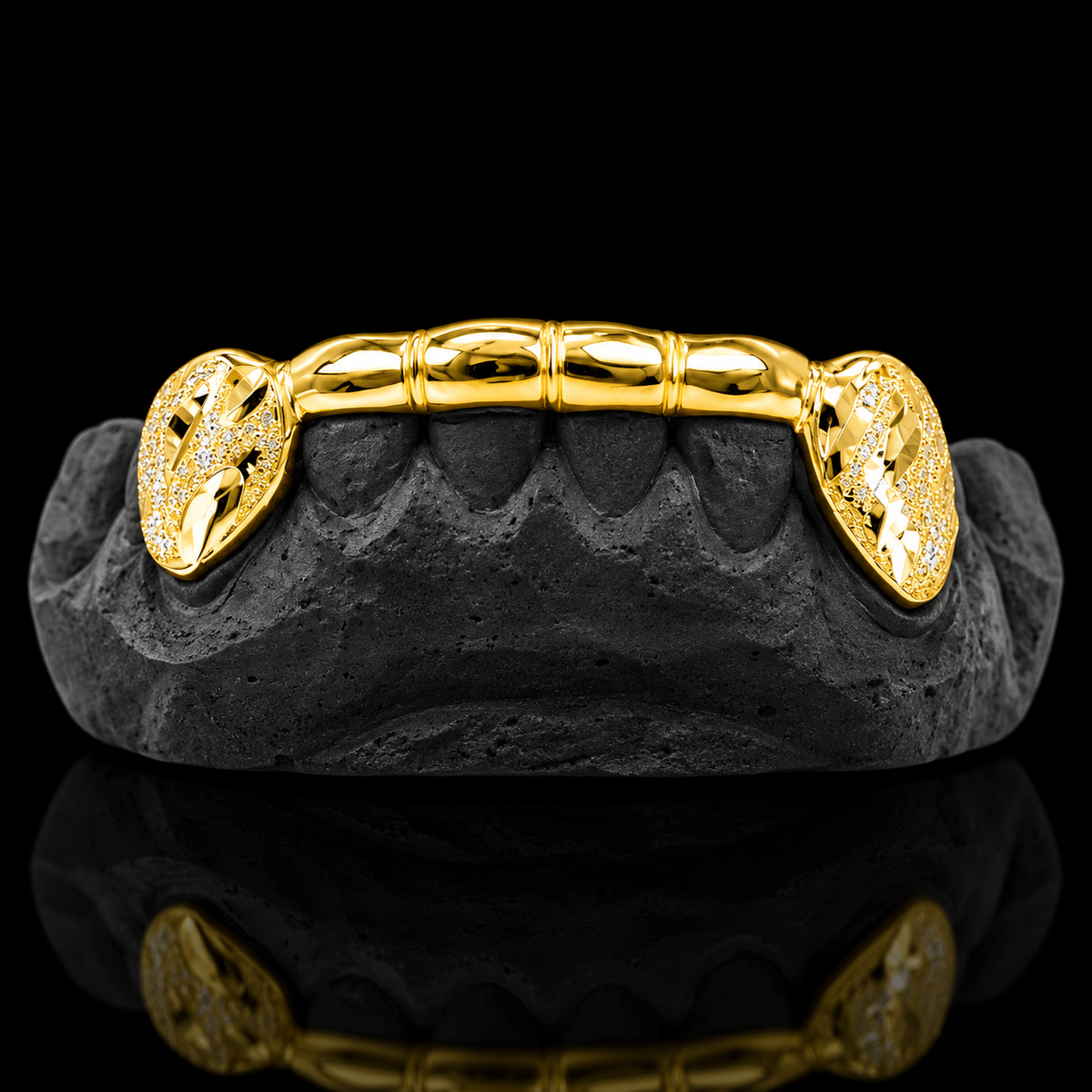 Custom 2 Teeth With Front Bar With Nugget Cut On Fangs Gold Grillz