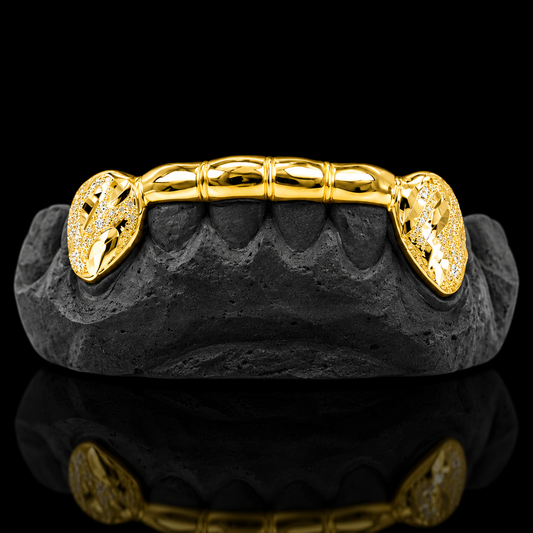 Custom 2 Teeth With Front Bar With Nugget Cut On Fangs Gold Grillz