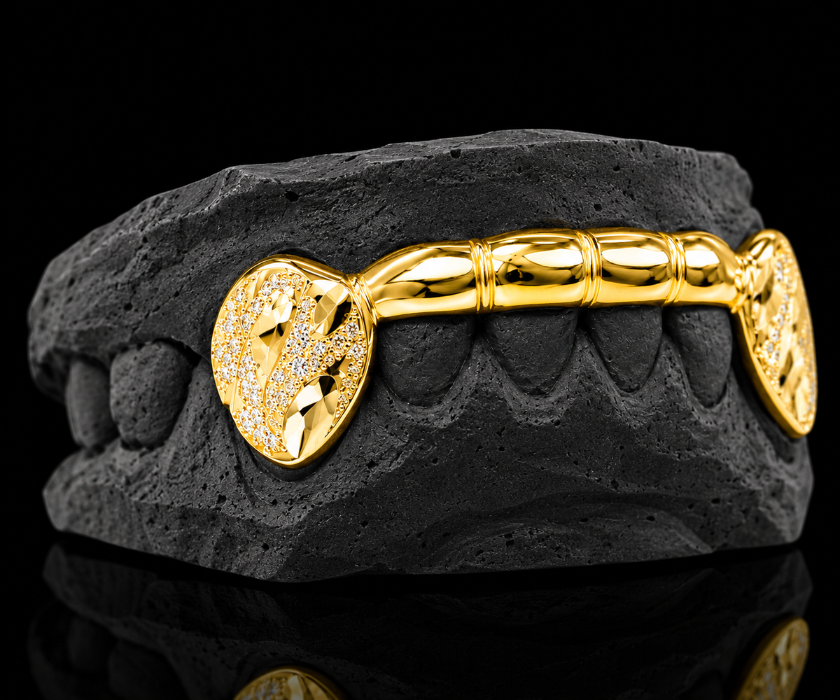 Custom 2 Teeth With Front Bar With Nugget Cut On Fangs Gold Grillz