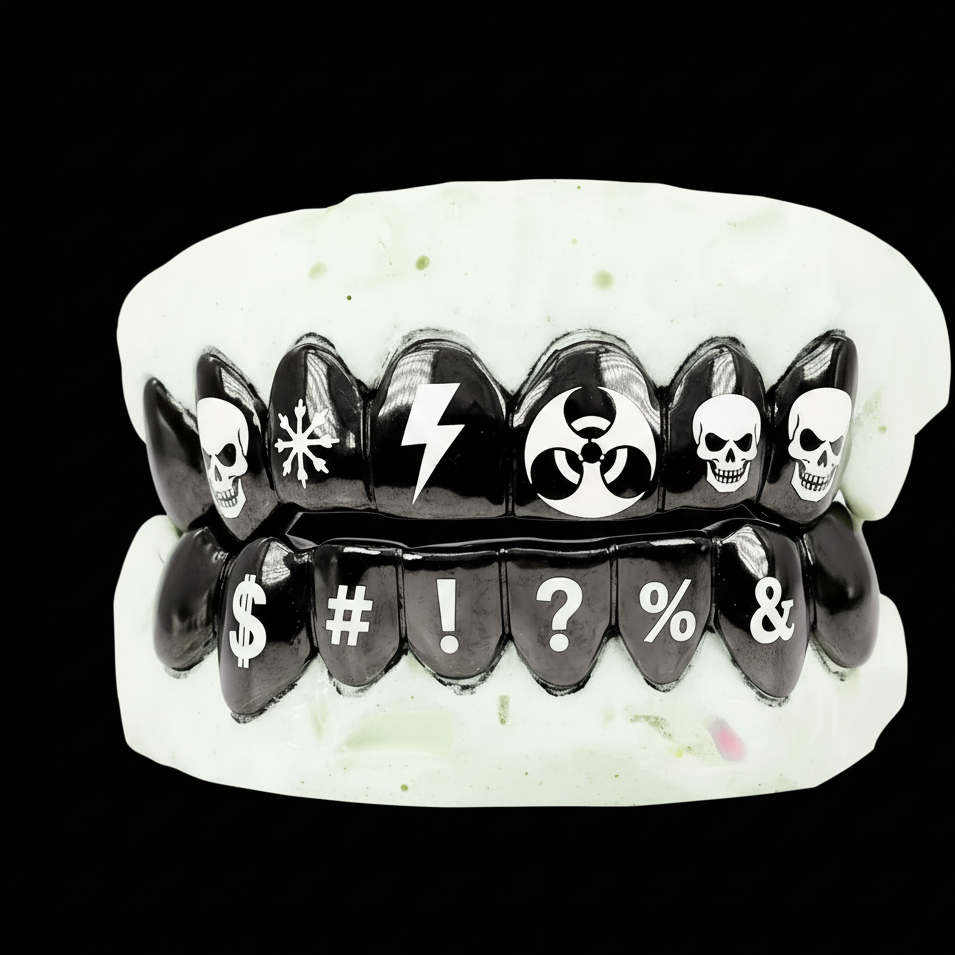 Custom 6 Teeth Joker Grill With Black Rhodium With Engravings Gold Grillz