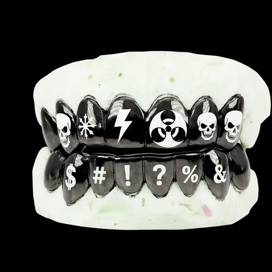 Custom 6 Teeth Joker Grill With Black Rhodium With Engravings Gold Grillz