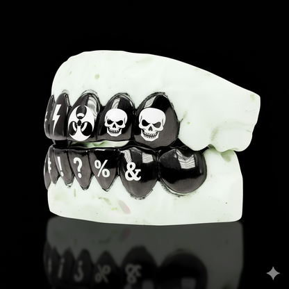 Custom 6 Teeth Joker Grill With Black Rhodium With Engravings Gold Grillz