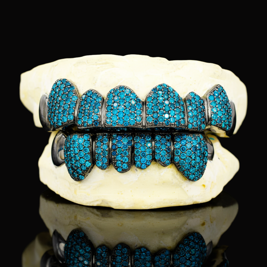Custom Blue Color Natural Diamond Grillz & Black Rhodium Gold Grillz