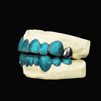 Custom Blue Color Natural Diamond Grillz & Black Rhodium Gold Grillz