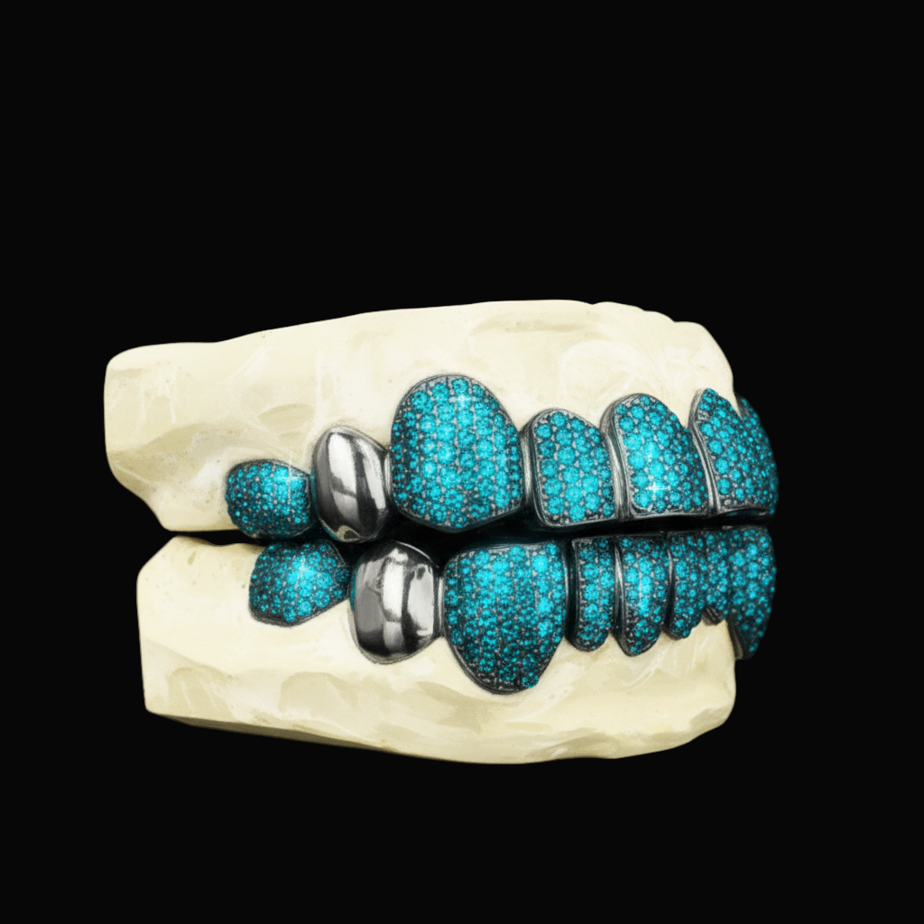 Custom Blue Color Natural Diamond Grillz & Black Rhodium Gold Grillz
