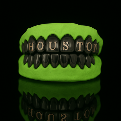 Custom Word/Name Laser Engraving Gold Grillz With Black Rhodium