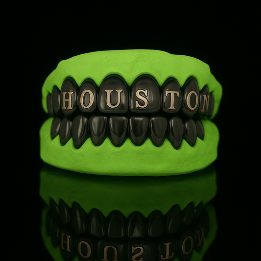 Custom Word/Name Laser Engraving Gold Grillz With Black Rhodium