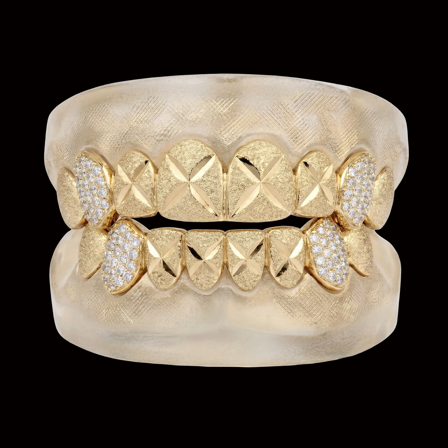 Custom 8 on 8 Teeth Diamond Cut & Diamond Dust Grillz with Bussdown on Fangs