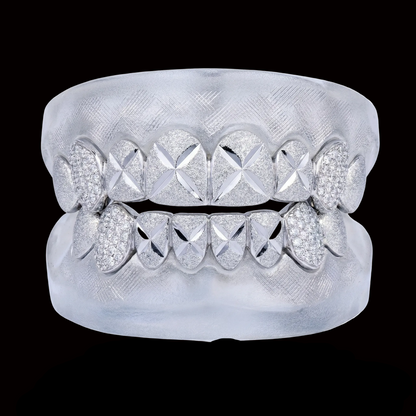 Custom 8 on 8 Teeth Diamond Cut & Diamond Dust Grillz with Bussdown on Fangs
