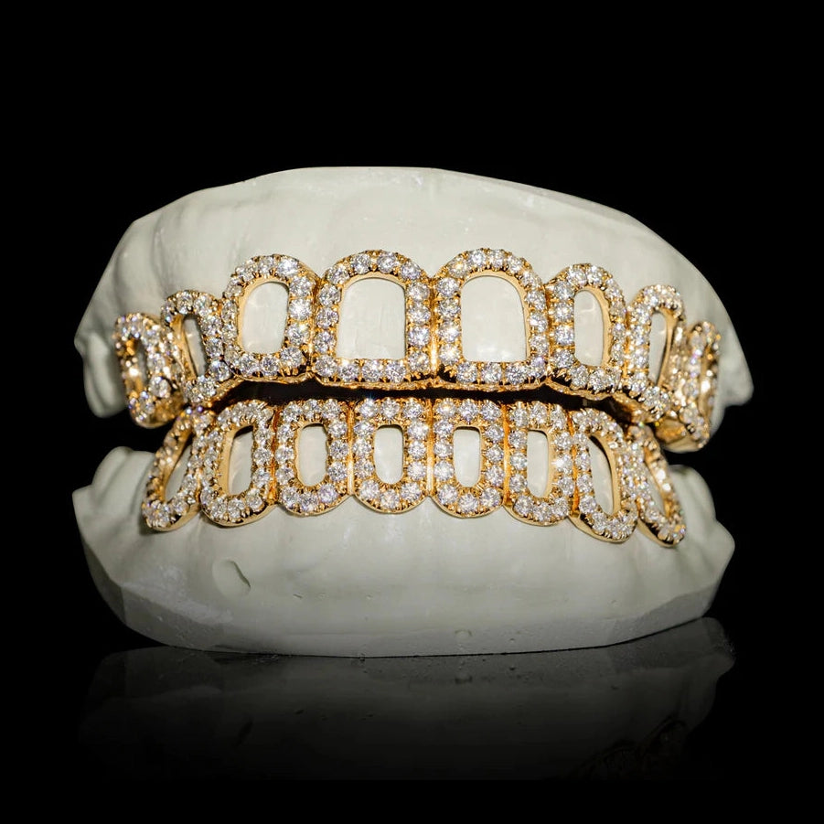 Yellow gold open face moissanite grillz full round stones