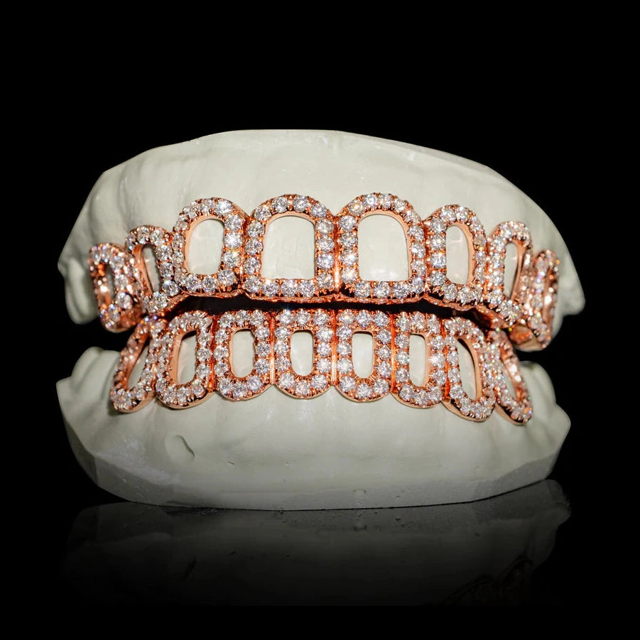 Rose gold open face moissanite grillz full pave on dental mold