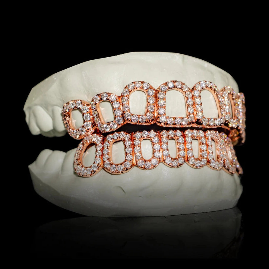 Rose gold open face moissanite grillz fit on natural teeth