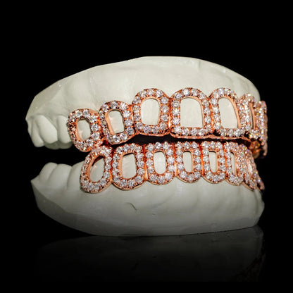 Rose gold open face moissanite grillz fit on natural teeth