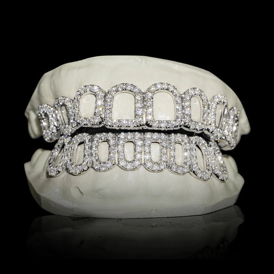 White gold open face moissanite grillz dense pave on model