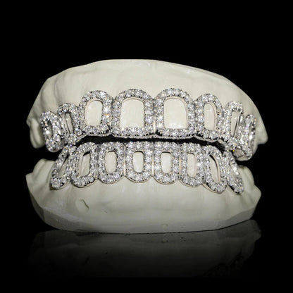 White gold open face moissanite grillz dense pave on model