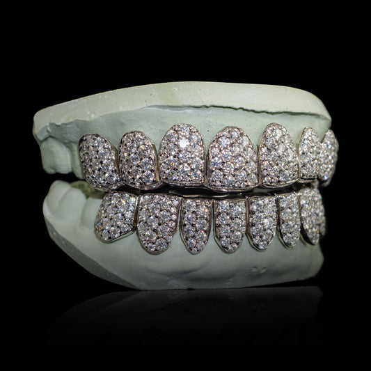 Silver-tone 2mm VVS moissanite grillz showing depth of honeycomb zigzag pattern and full arch coverage