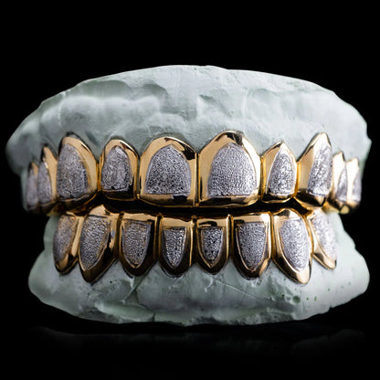 Custom Two-Tone Diamond Cut & Diamond Dust W/ Solid Trim Gold Grillz
