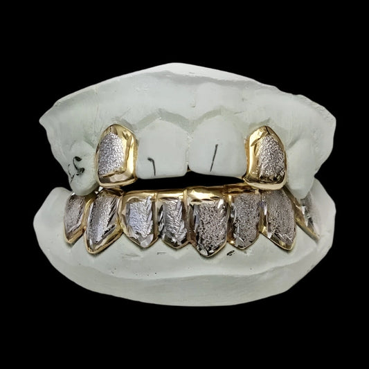 10K gold outline diamond dust custom grillz on dental molds
